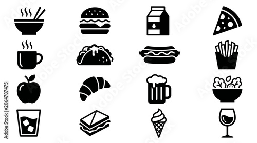 Collection of black and white minimalist food and drink silhouette icons.