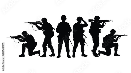 Foto Silhouette group of military soldiers with guns and rifles standing and kneeling