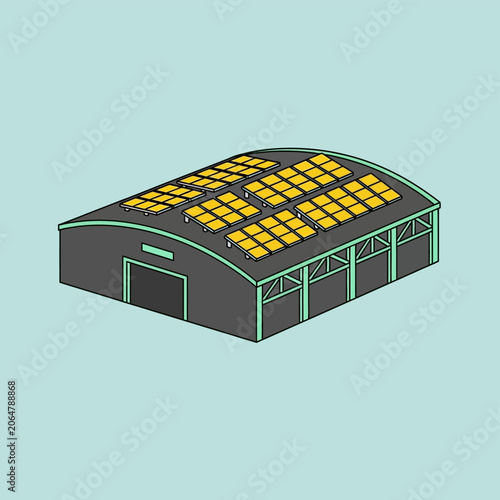 Warehouse with Solar Panels on Roof, Isometric View