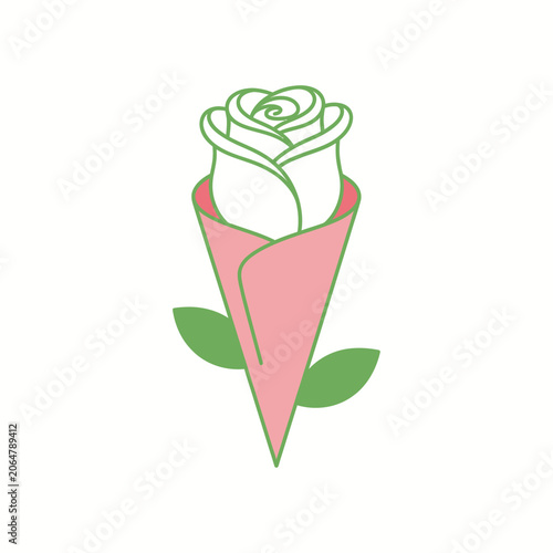 White Rose in Pink Paper Wrap with Green Leaves, Simple Vector Art