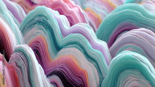 Multicolored abstract topography exhibits undulating waves with soft pastel shading.