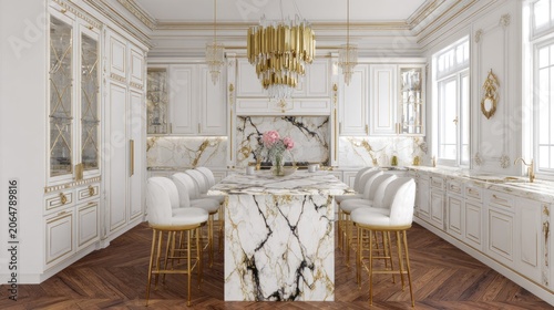 Luxurious kitchen interior features opulent white cabinetry and rich marble accents illuminated by golden fixtures