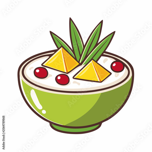 Cartoon bowl of dessert with fruit and leaves