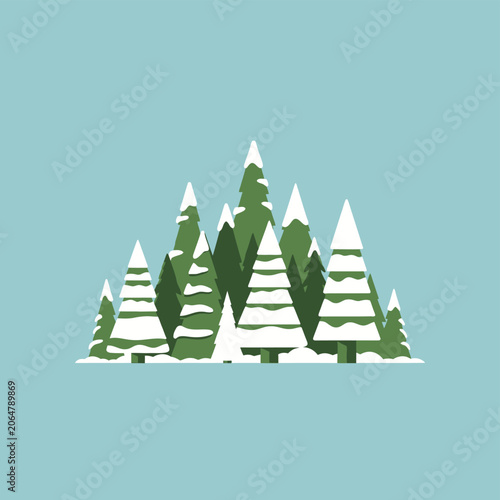 Winter forest landscape, snow-covered pine trees, flat design