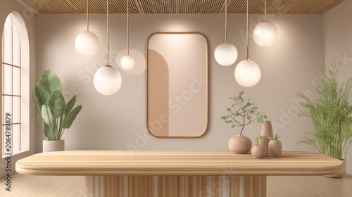 Interior room setting displays modern minimalist furniture and warm decorative elements