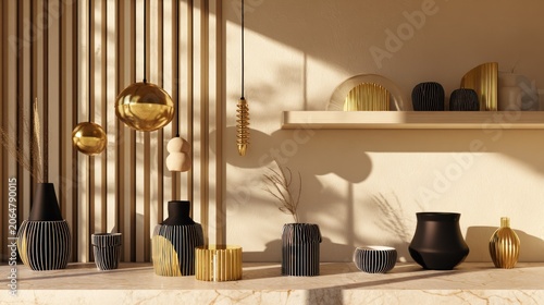 Arrangement of modern decorative ceramics and metallic lighting fixtures bathed in warm sunlight