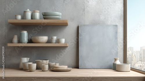 Assortment of handcrafted ceramic tableware displayed on wooden shelving against a concrete wall beside a large window overlooking a cityscape