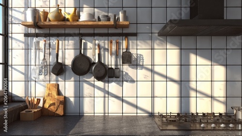 Rustic kitchen preparation area illuminated by strong morning sunlight streaming through a window