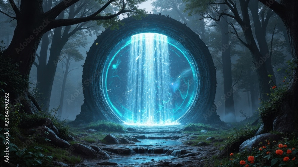 Obraz premium A mystical portal glows in the heart of a forest at night, emitting energy and creating a gateway to another world.