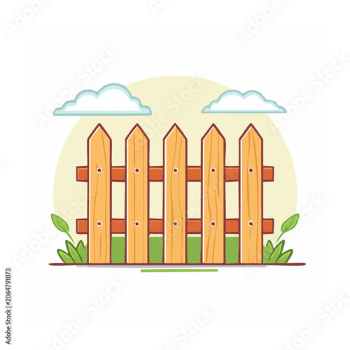 Flat design wooden fence with grass and clouds
