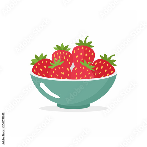 Fresh Strawberries in Teal Bowl Flat Illustration