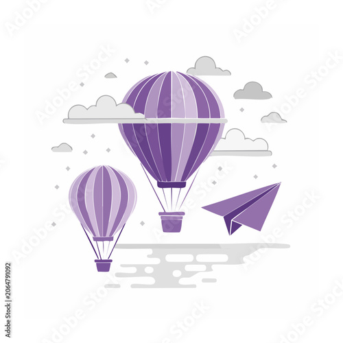 Purple Hot Air Balloons and Paper Plane Flat Illustration