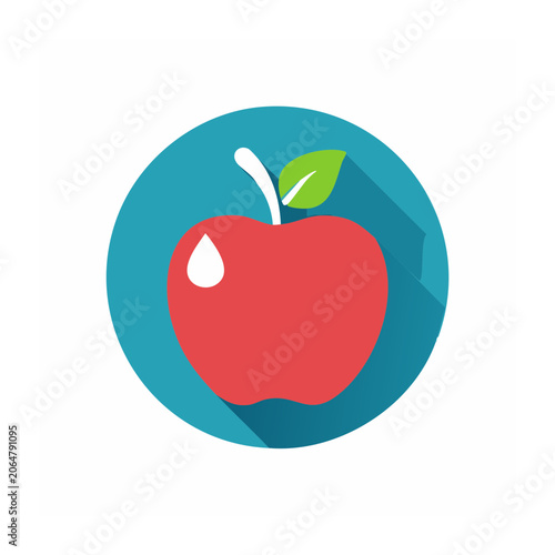 Red apple icon with leaf and water droplet on blue circle