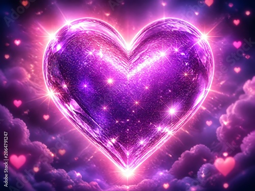 surreal fantasy Glowing Bright Heart. Shiny purple heart shape with bright glitter