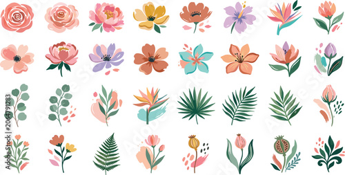 Modern gouache floral elements vector set with isolated hand drawn flowers tropical leaves and abstract shapes for wedding card design