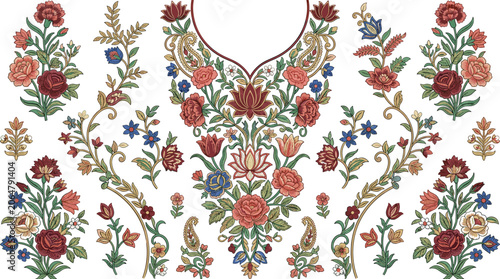 Fotografija Beautiful traditional ethnic floral neckline embroidery vector design with match