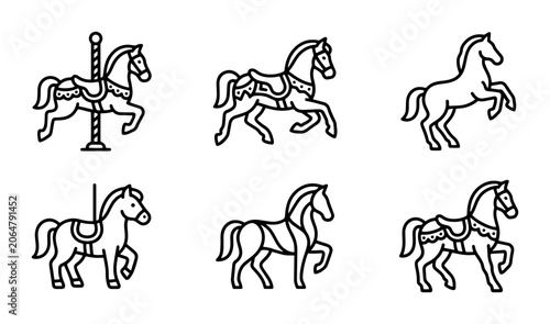 Canvastavla Carousel Horse Icons, Vintage Amusement Ride Vector Set, Classic Carnival Animal