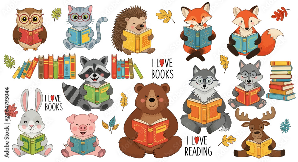 Obraz premium Cute forest animals reading books, educational stickers, bookworm wildlife icons, literacy clipart