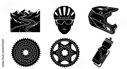 Cycling, bike icons, gear, helmet, accessories, black, vector graphics