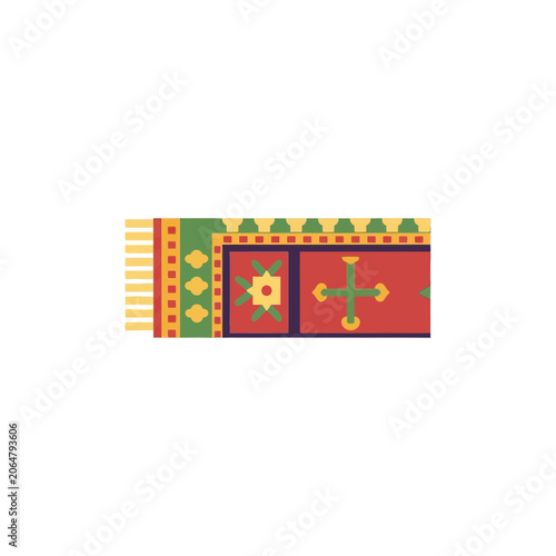 Flat color illustration of a traditional oriental carpet with sacred geometry patterns and geometric ornaments