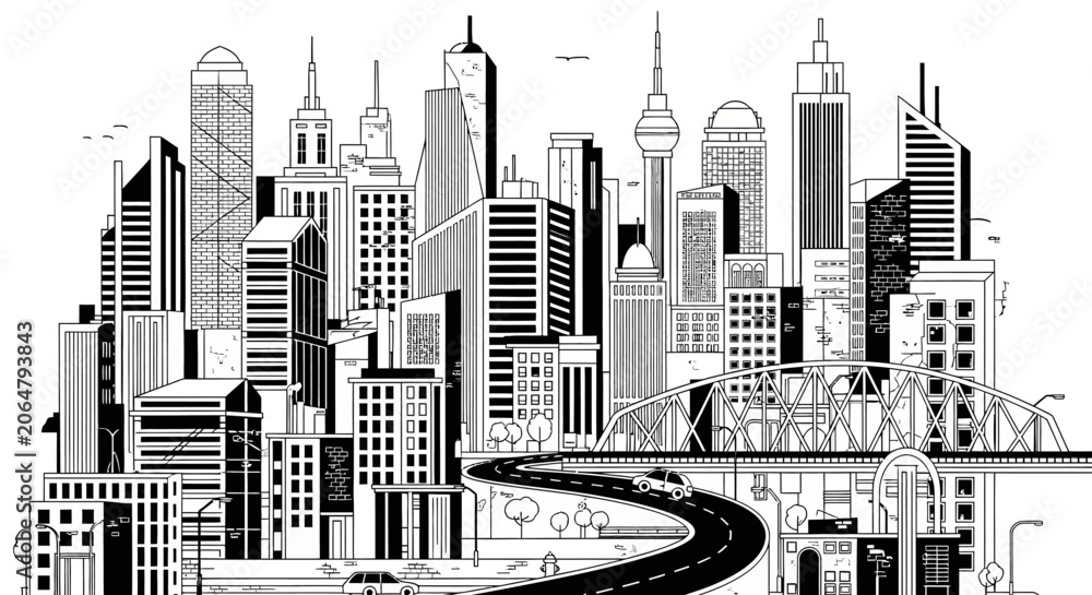 Fototapeta premium Black and white cityscape illustration with skyscrapers and road vector design