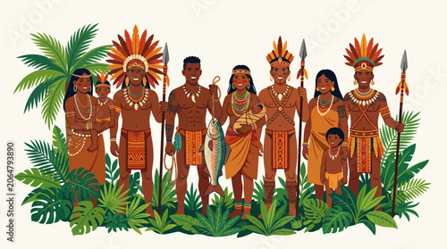 Colorful illustration of a tribal family in the Amazon rainforest with traditional feathers.