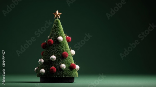 Small artificial evergreen holiday decoration stands prominently against a dark green  background