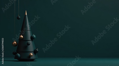 Minimalist dark green holiday tree decoration rests on a matching  floor
