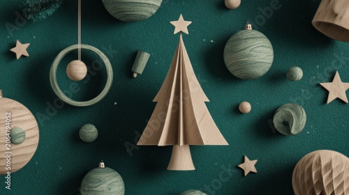 Stylized wooden holiday decorations are arranged artistically against a deep teal textured background
