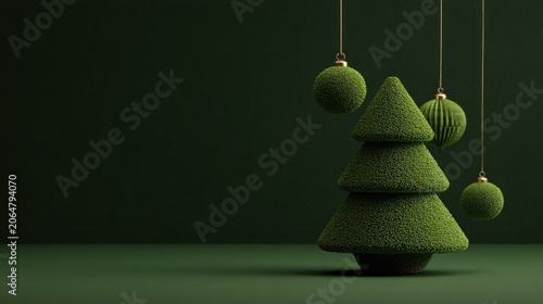 Stylized holiday tree sculpture crafted from textured moss or foliage sits against a deep green  background with hanging ornaments