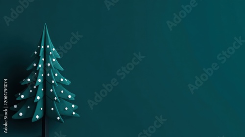 Stylized evergreen decoration with scattered white accents rests against a dark teal background