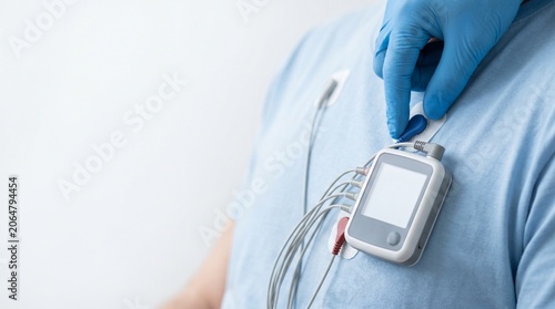 Clinician attaching Holter monitor electrodes to patient’s chest in modern clinic, concept of ambulatory ECG monitoring, heart rhythm diagnosis and cardiology care.