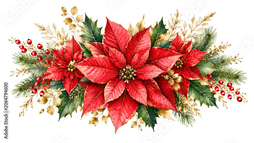 Watercolor christmas poinsettia floral bouquet with red flowers and gold leaves.