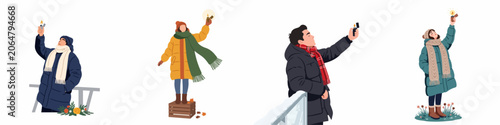 Obraz na płótnie Vector illustration set of people in warm winter clothing holding up lighters for remembrance, vigil, or hope, isolated on a white background