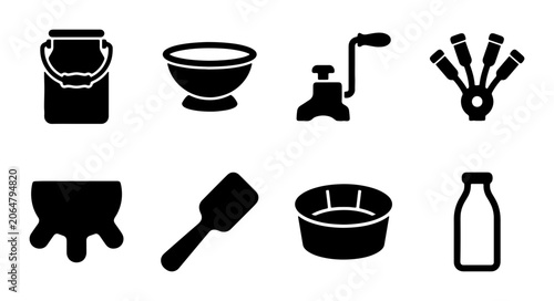 Foto Dairy Farm Icons, Milk Production Equipment Set, Vintage Farm Tools Vector Colle