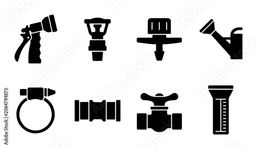 Photos Gardening Irrigation Icons: Sprinkler, Hose Nozzle, Watering Can, Valve, Connect