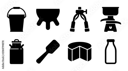 Foto Dairy Farm Icons Set: Udder, Bucket, Churn, Cheese, Milk Bottle, Milking Machine