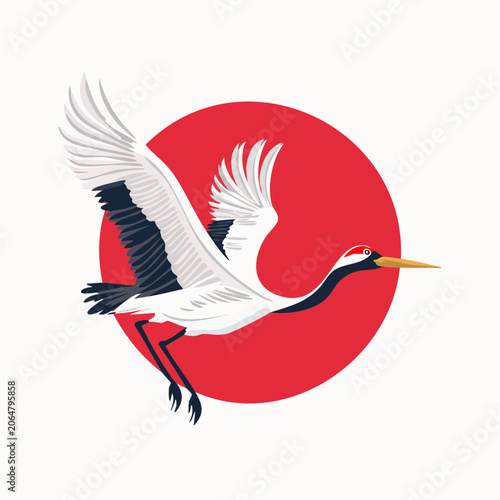 Japanese Red-crowned Crane Flying Against a Red Sun