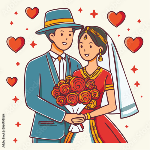 Indian Wedding Couple with Flowers and Hearts
