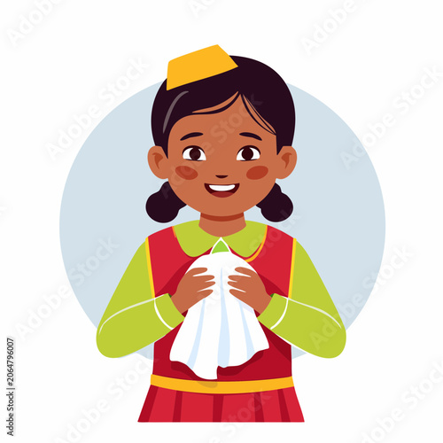Young Girl in Uniform Holding a White Cloth