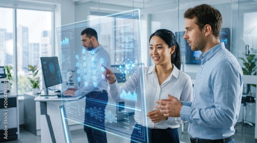 Fototapeta premium Business team analyzing futuristic holographic data interface, artificial intelligence network concept in modern office