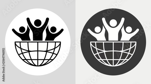 Community and unity logos featuring people silhouettes with raised hands over a globe.