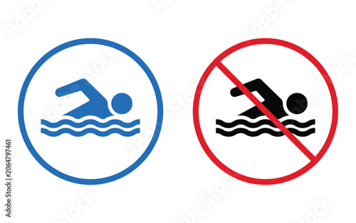 Foto Swimming area and restricted swimming sign collection featuring safety water zon