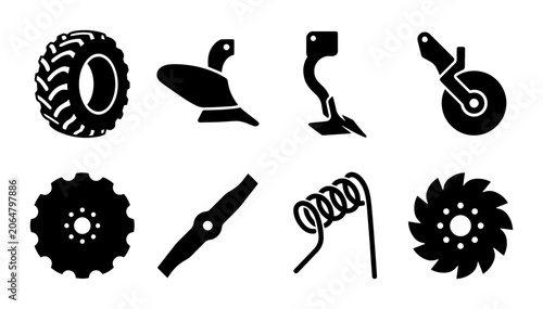 Photos Agricultural Equipment Icons Set: Tractor Parts, Plows, and Cultivator Tools for