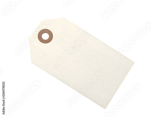 Tag blank off white paper rectangular with reinforced hole template for price label, isolated on transparent background