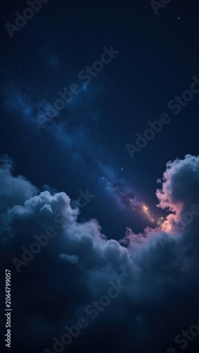 A breathtaking night scene with starry skies and dramatic clouds illuminated by distant light sources.