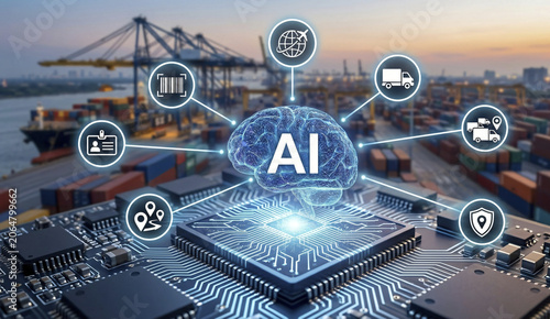 Artificial Intelligence in Logistics and Global Supply Chain Concept with AI Brain Overlay Connecting Shipping, Cargo, and Delivery Icons Over Circuit Board and Container Port