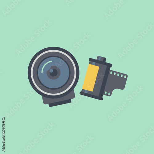 Minimalist graphic of a professional camera lens and film roll