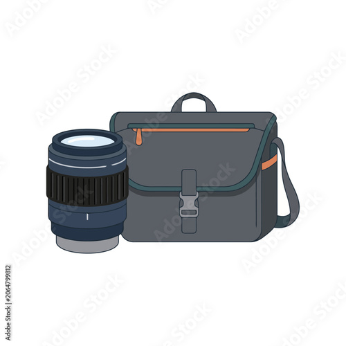 A dark grey camera bag sits beside a professional optical lens