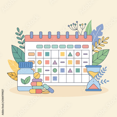 A colorful calendar with medical supplies and an hourglass icon
